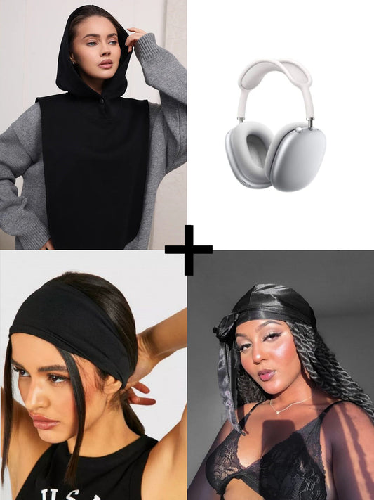 Pack Accessoires de Tête Noir Minimaliste : Snood à Capuche, Bandeau, Durag & Casque Audio Contrasté