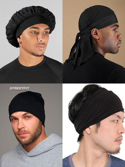 Pack Accessoires Homme Noir : Bonnet de Soin, Durag, Bonnet et Bandeau Sport Unisexe
