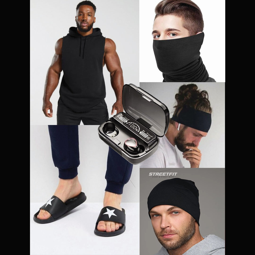 Pack Complet Bonnet de Nuit, Bandeau, T-shirt sans Manches, Sandales et Bonnet Tricot Noir